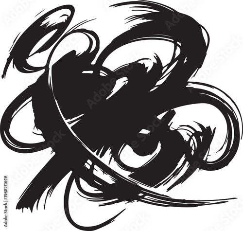 A black and white abstract painting of swirling lines