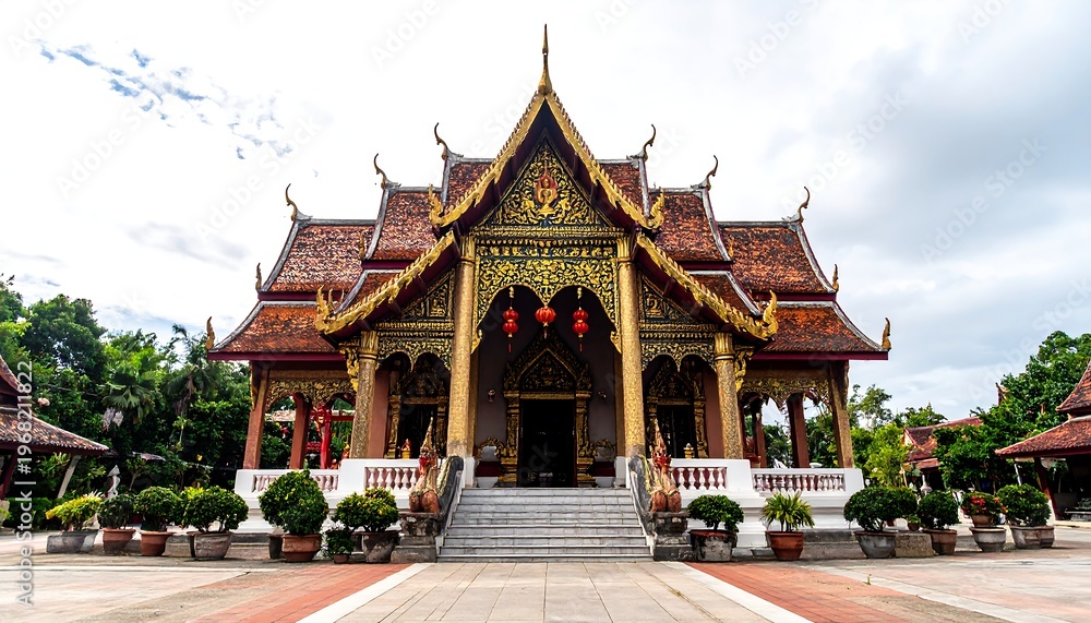 Fototapeta premium A grand, ornate temple with a tiered roof and gold embellishments, captured under a cloudy sky in a wide shot