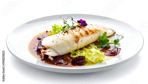 A grilled seafood entree is artfully presented on a white plate with sauce, herbs, and a delicate flower. A culinary delight