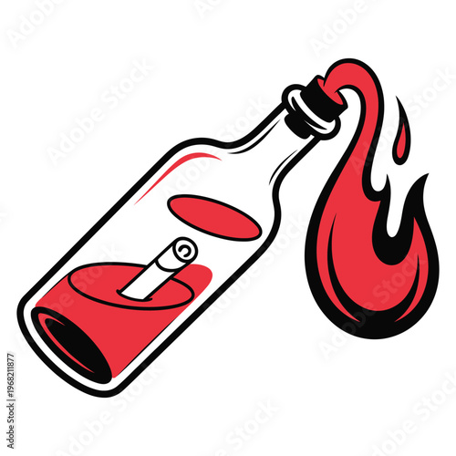 Burning  cocktail, vector sketch of improvised incendiary device, minimalist hand drawn