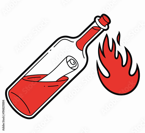 Burning  cocktail, hand drawn vector illustration of incendiary weapon, black and white doodle style for military
