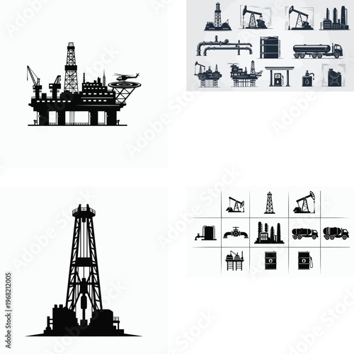 Collection of oil rig and industrial equipment silhouettes for design  various industrial icons