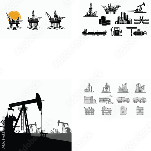 Collection of various oil and gas industry related icons and silhouettes  industrial equipment