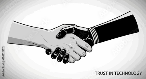 Robot and human handshake greeting partnership.