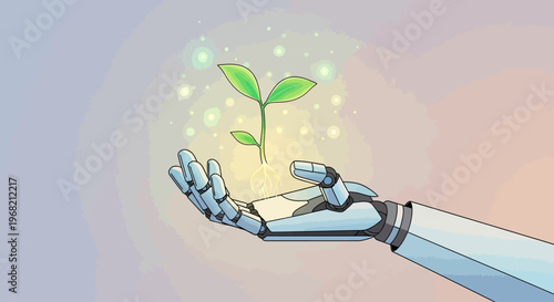 Robot hand holding green plant sprout.