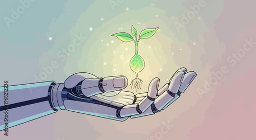 Robotic hand holding a green plant.