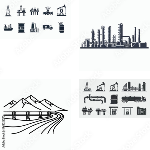 Industrial and transportation icons and infrastructure illustrations with oil rigs factories and roads