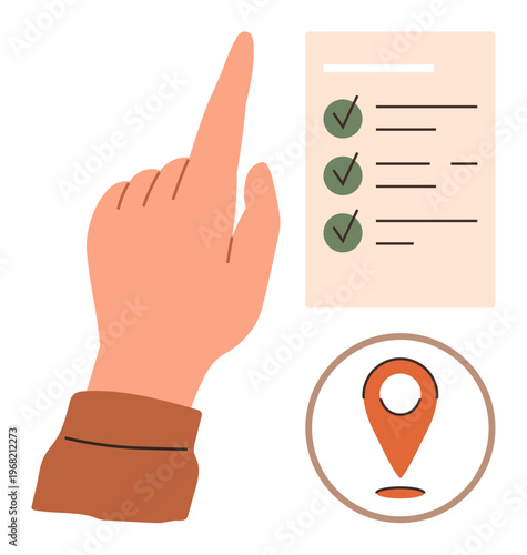 Task management, goal setting, organization, planning, navigation, location services. A hand pointing to a checklist with completed tasks and a map pin icon. Task management and goal setting