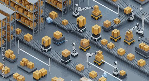 Robots working with cardboard boxes.