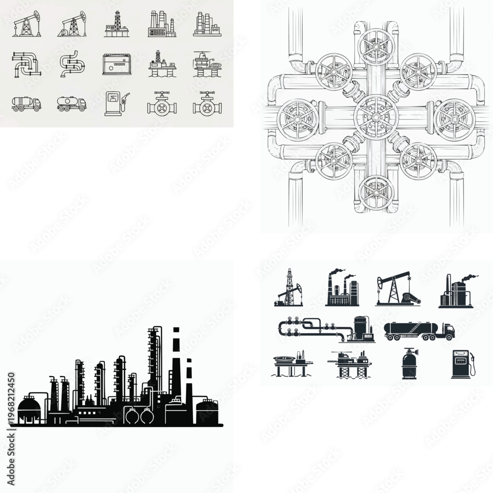 Obraz premium Industrial icons and equipment illustrations for engineering and manufacturing processes industrial