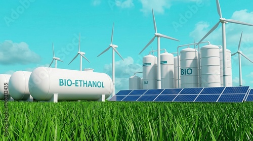 Wallpaper Mural Bio-ethanol, renewable energy, wind turbine, solar panel, biofuel, green energy, sustainability facility with storage tanks and solar arrays for eco-friendly power production. Torontodigital.ca