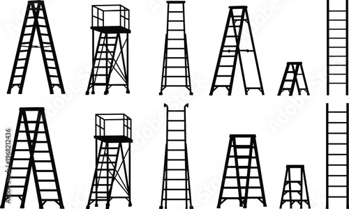 Collection of twelve ladder silhouettes including step ladders, extension ladders, platform ladders, and A-frame designs, vector illustration for construction, household, industrial, 