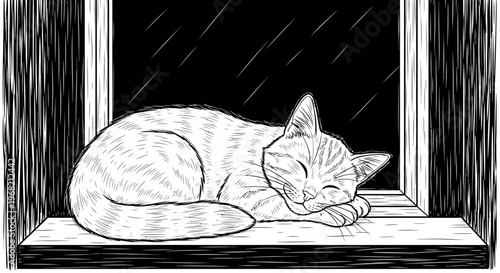 Sleeping Cat on Window Sill Alone.