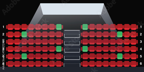 Cinema Seating Arrangement: An overhead view of a cinema's seating layout, showing rows of red seats with strategically placed green seats, possibly indicating reserved or available spots.