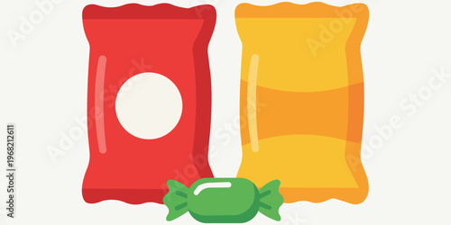 Snack Pack Delight: A visual arrangement of colorful snack packages with a candy. A vibrant assortment of wrapped candies and packets beckons with the promise of sweet indulgence.