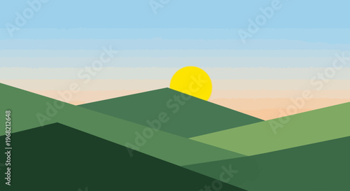 Sun setting over mountain peaks landscape.