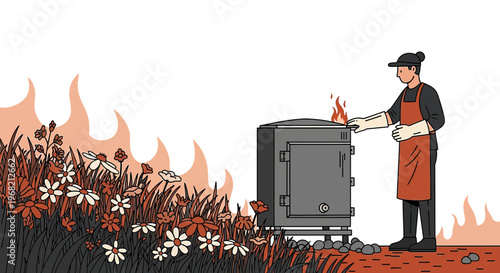 Gardener Tending to Incinerator with Wildflowers and Flames