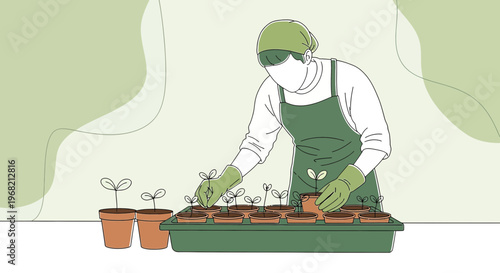 Gardener Planting Seedlings in Pots, Sustainable Gardening Concept Illustration