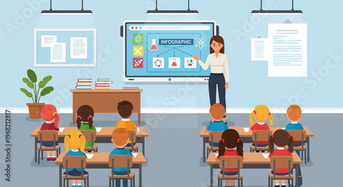 Teacher and students in classroom setting.