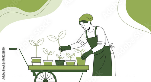 Gardener Planting Seedlings in Potted Plants on Cart
