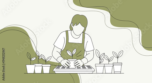 Gardener Planting Seedlings, Organic Gardening, Lifestyle Vector Illustration