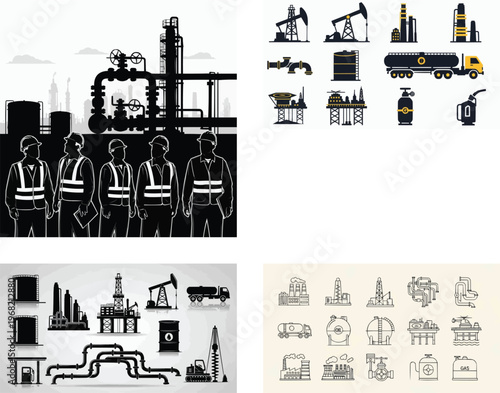 Industrial workers and various oil and gas infrastructure icons and equipment  industrial