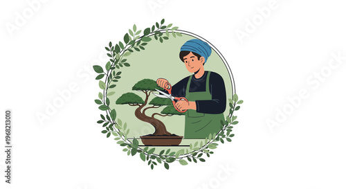 Gardener Pruning Bonsai Tree in Floral Frame - Hobbyist Care