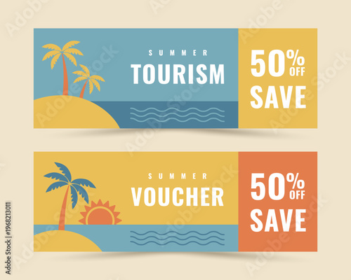 Summer holiday gift voucher templates with tropical island, palm trees and sun in flat style. Vintage colours. Vector illustration with beach vacation elements and 50 percent off sale text.