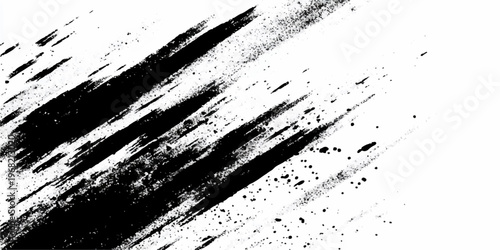 Abstract black and white grunge background featuring a dark ink splash texture with paint splatter stains and a dirty spray brush design on a vector art frame