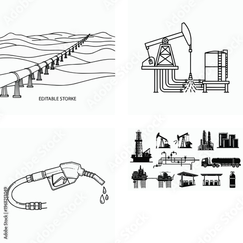 Oil and gas industry illustrations including pipelines pumps and fuel  various equipment and symbols used in petroleum extraction and transportation