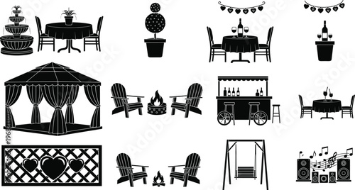 Outdoor garden silhouettes collection with fountain, gazebo, swing, tables, chairs, fire pit, bar cart, and decorative fence, vector illustration for leisure and lifestyle concepts