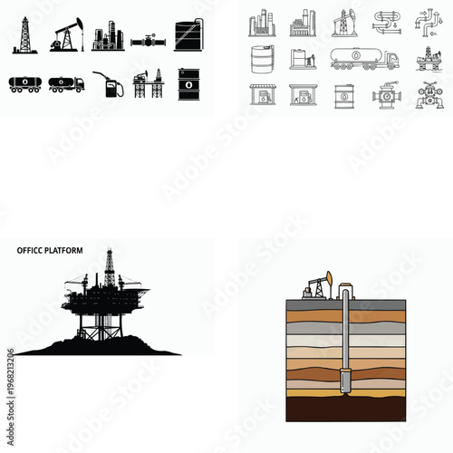 Oil and gas industry related icons and drilling platform  extraction and refining processes