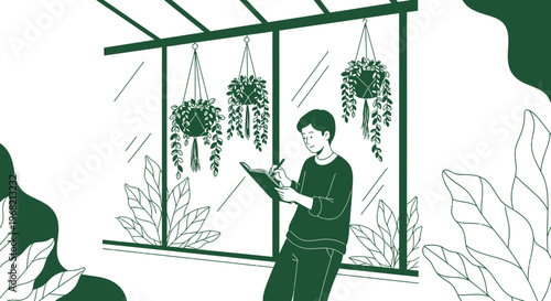Gardener Sketching Plants in Greenhouse, Botanical Illustration