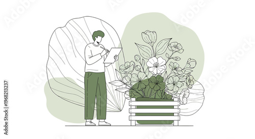 Gardener Sketching Plants in Garden - Botanical Illustration Vector Art