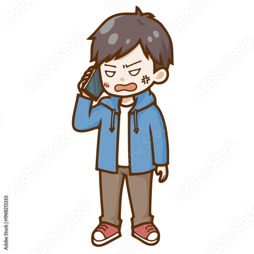 スマートフォンで怒りながら電話をする男性のデフォルメベクターイラスト