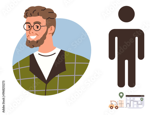 Personal identity, logistics, delivery services, navigation, planning, and character . A bearded man, silhouette figure and map with delivery icons. Personal identity and logistics design concept