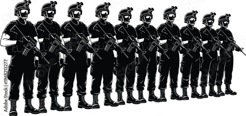Silhouettes of armed soldiers in tactical gear with night vision goggles and rifles, vector illustration symbolizing military discipline, teamwork, combat readiness, and defense forces