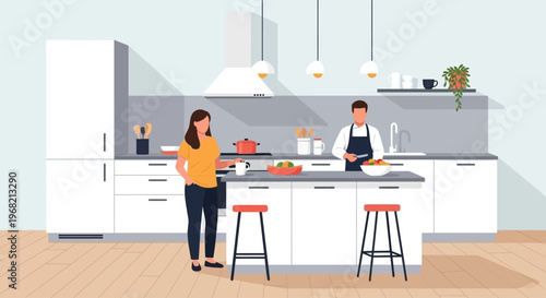 Woman and man in kitchen.