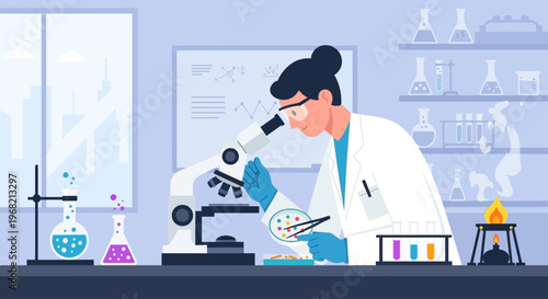 Woman in lab coat using microscope.