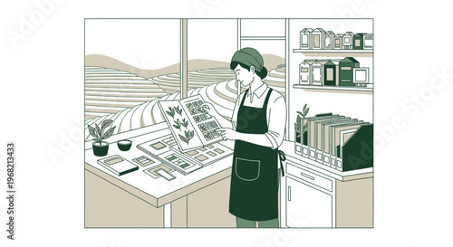 Gardener Studying Botanical Illustrations in Greenhouse, Agricultural Landscape