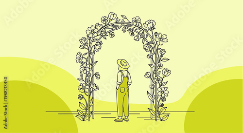 Gardener Stands Under Blooming Floral Archway, Whimsical Garden Scene, Yellow Background