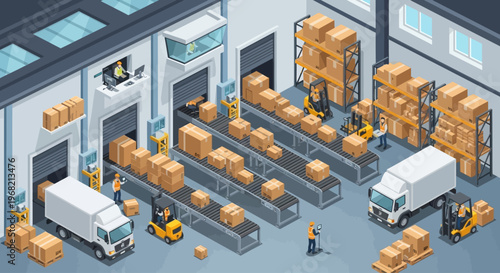 Workers loading packages onto trucks.