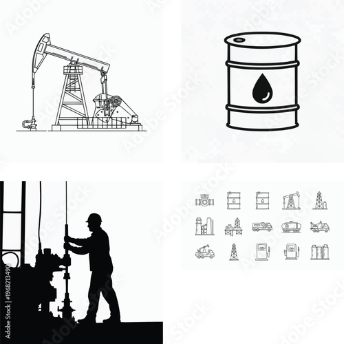 Oil industry equipment and workers in various settings and icons