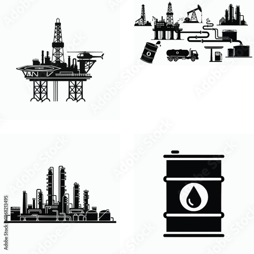 Oil industry infrastructure and equipment silhouettes collection on white background