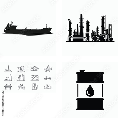 Oil industry related icons and silhouettes of industrial facilities and equipment