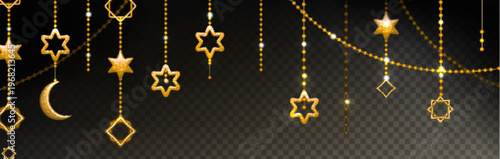Ramadan decoration garland with golden crescent or moon and glowing stars on transparent background. Vector illustration of islamic hanging decor, festive gold pendants for Eid celebration.