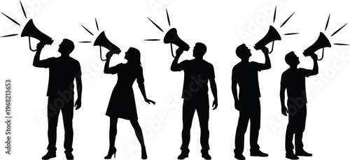 Silhouettes of diverse people with megaphones, vector illustration symbolizing communication, protest, activism, public speaking, and amplifying voices in social or political movements