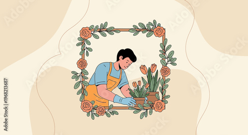Gardener Tending Plants in Floral Frame