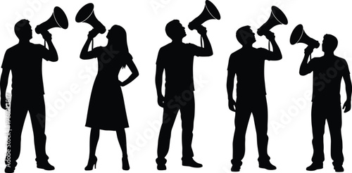 Silhouettes of diverse people holding megaphones, vector illustration symbolizing communication, protest, activism, public speaking, and amplifying voices in social or political movements