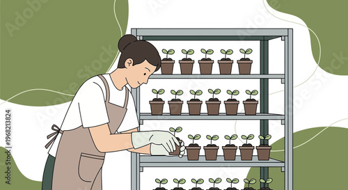Gardener Tending Seedlings in a Shelf Greenhouse